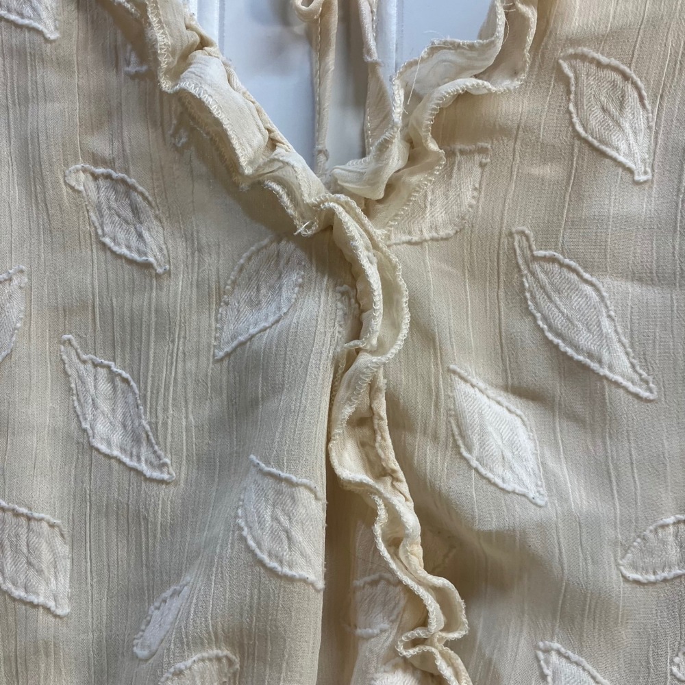 Peach Love California Cream Embroidered Leaf Smocked Tiered Mini Dress L Peasant - Picture 4 of 11